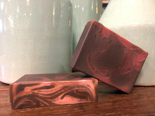 cherry chocolate swirl craft beer soap handmade with sweets: cherry chocolate sour ale from mountains walking brewery Bozeman Montana craft brewery red and brown swirl beer soap cherry chocolate dessert soap for sale spunkndisorderly craft beer soap