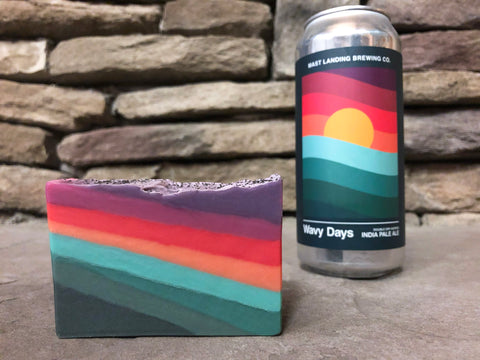 craft beer soap handmade in Indiana with wavy days ddh ipa double dry hopped India pale ale from mast landing brewing co Westbrook Maine craft brewery ocean sunset inspired beer soap for him spunkndisorderly craft beer soap Maine beer soap