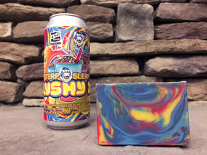 Indiana beer soap handmade with terp slerp slushy xl smoothie style Berliner weisse craft beer from 450 north brewing company Columbus Indiana craft brewery in collaboration with terp slerp craft beer soap red yellow blue swirl cold process soap spunkndisorderly craft beer soap Indiana beer soap 
