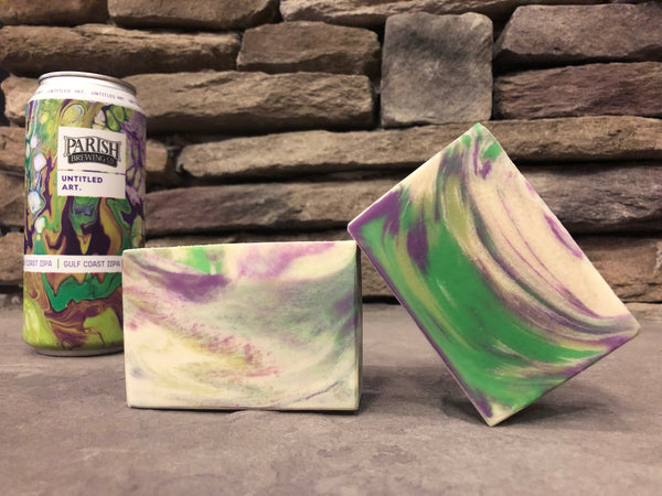 Wisconsin beer soap handmade with gulf coast iipa double India pale ale craft beer from untitled art Wisconsin craft brewery in collaboration with parish brewing co. Louisiana craft brewery white green and purple beer soap for him gulf coast beer soap spunkndisorderly craft beer soap