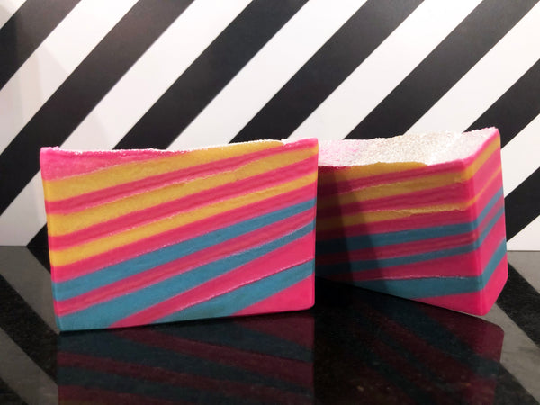 colorful beer soap handmade with fruit slave ddh dipa beer from illuminated brew works Chicago Illinois craft brewery craft beer soap for her pink yellow and blue beer soap juicy fruit inspired cold process striped soap spunkndisorderly