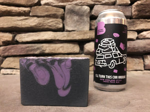 craft beer soap handmade in Indiana with Indiana craft beer I'll turn this car around New England India pale ale NEIPA from bad dad brewing co. Fairmount Indiana craft brewery purple and black beer soap for him with activated charcoal handmade in Indiana by spunkndisorderly fathers dad gift ideas