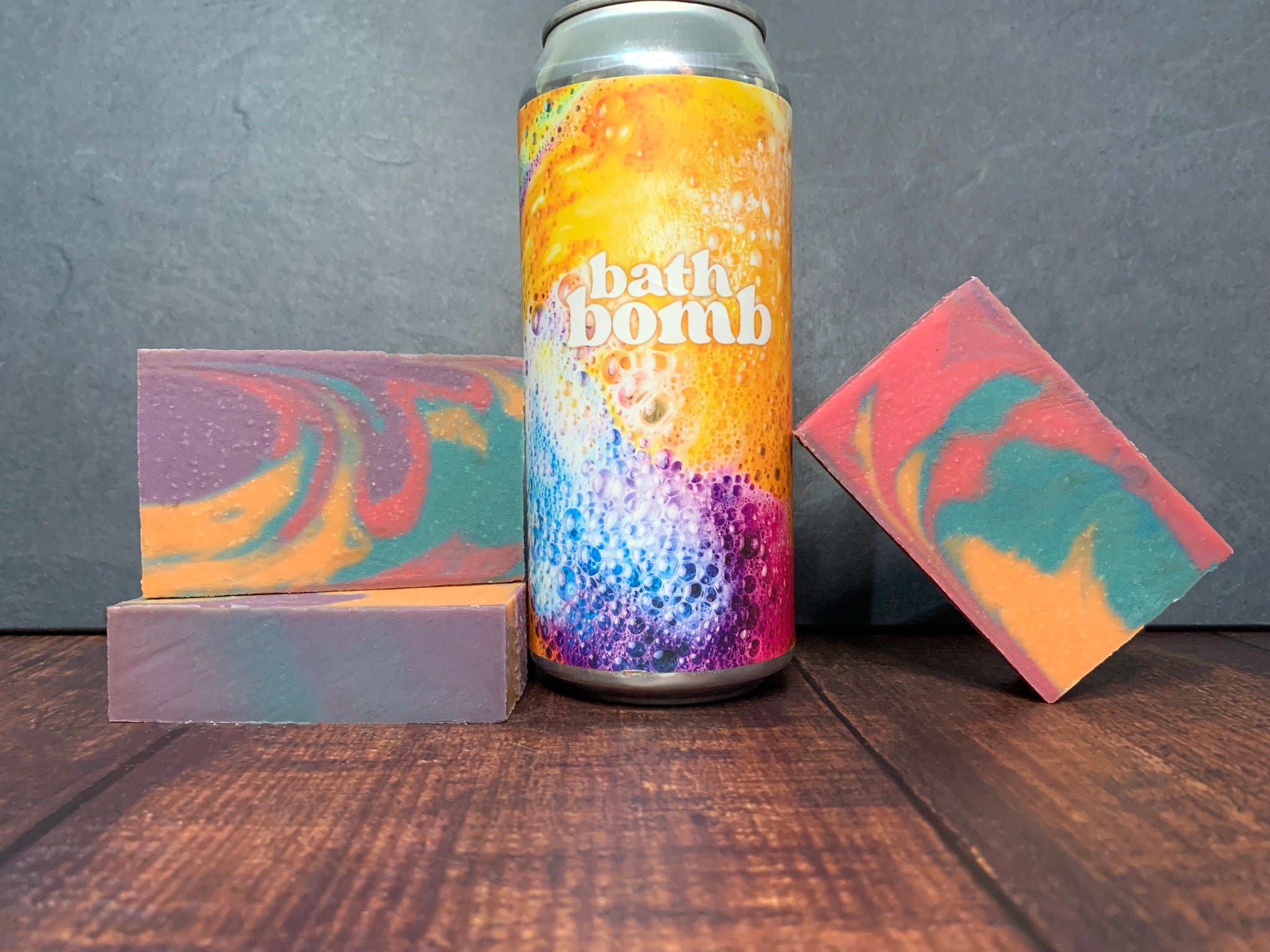 rainbow beer soap handcrafted by spunkndisorderly craft beer soaps with rainbow sherbet bath bomb fruited sour beer from fifth frame brewing co. New York craft brewery yellow pink blue purple beer soap for her by spunkndisorderly craft beer soaps