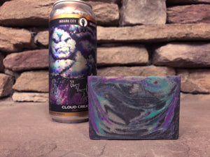 Indiana beer soap handcrafted in Indiana with cloud creatures ddh hazy ipa from Indiana city brewing company Indianapolis brewery beer soap with activated charcoal black silver purple and teal beer soap handmade in Indiana by spunkndisorderly craft beer soaps 
