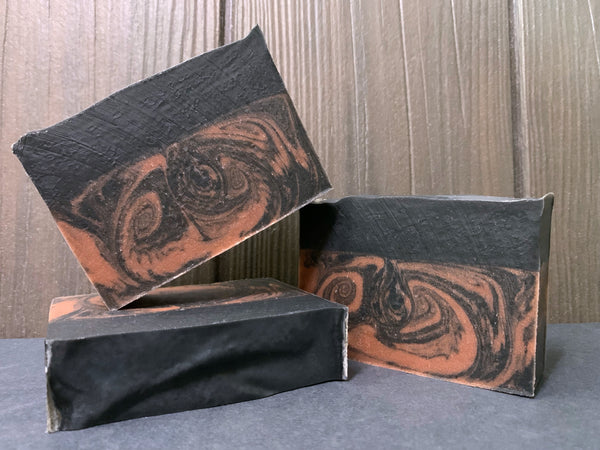 brown and black swirl with black top beer soap with activated charcoal handmade in texas with coconut hiwa porter from maui brewing co. hawaii brewery beer soaps by spunkndisorderly beer soaps cold process beer soap with activated charcoal