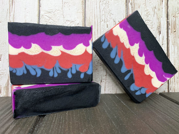 striped beer soap handcrafted in texas with texas beer from brazos valley brewing company brenham texas brewery activated charcoal beer soap purple white red blue black beer soap for him by spunkndisorderly craft beer soaps