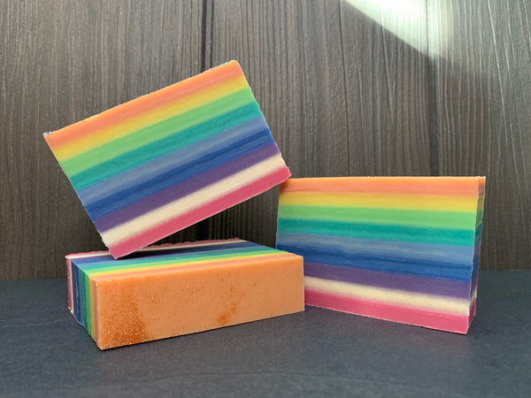 striped rainbow soap cold process soap for sale by spunkndisorderly beer soaps rainbow striped soap with layers of pink white purple blue light blue teal lime green yellow orange Yass queen cider soap
