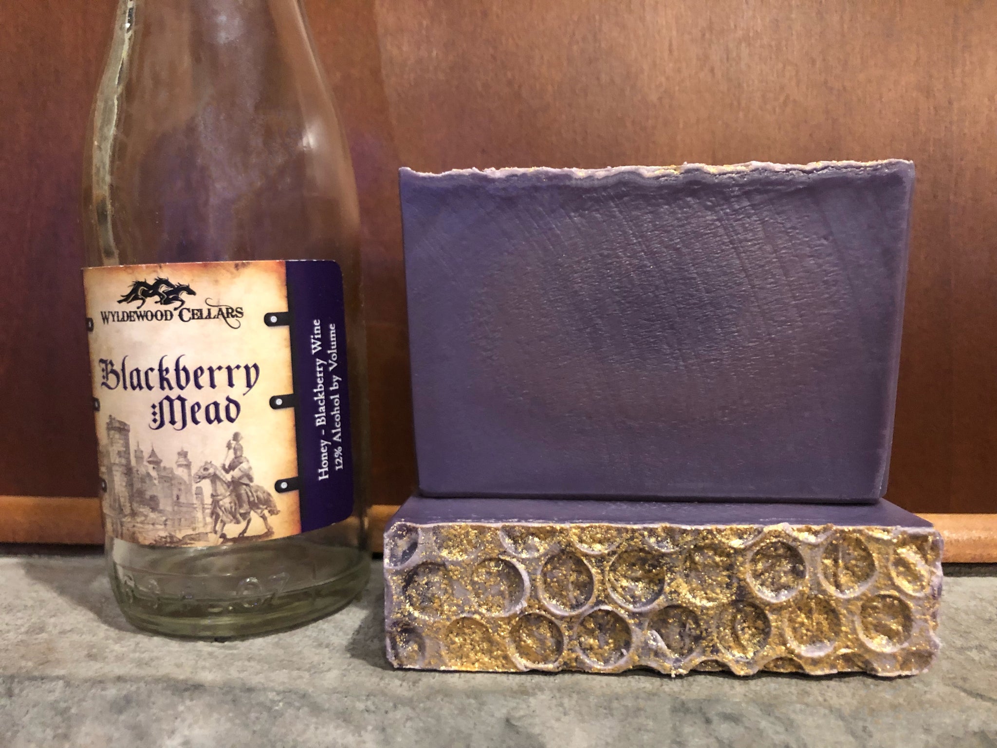 mead soap for sale handcrafted by spunkndisorderly beer soaps with blackberry mead blackberry wine from Wyldewood Cellars purple mead soap topped with gold sparkle and honeycomb design artisan cold process soap