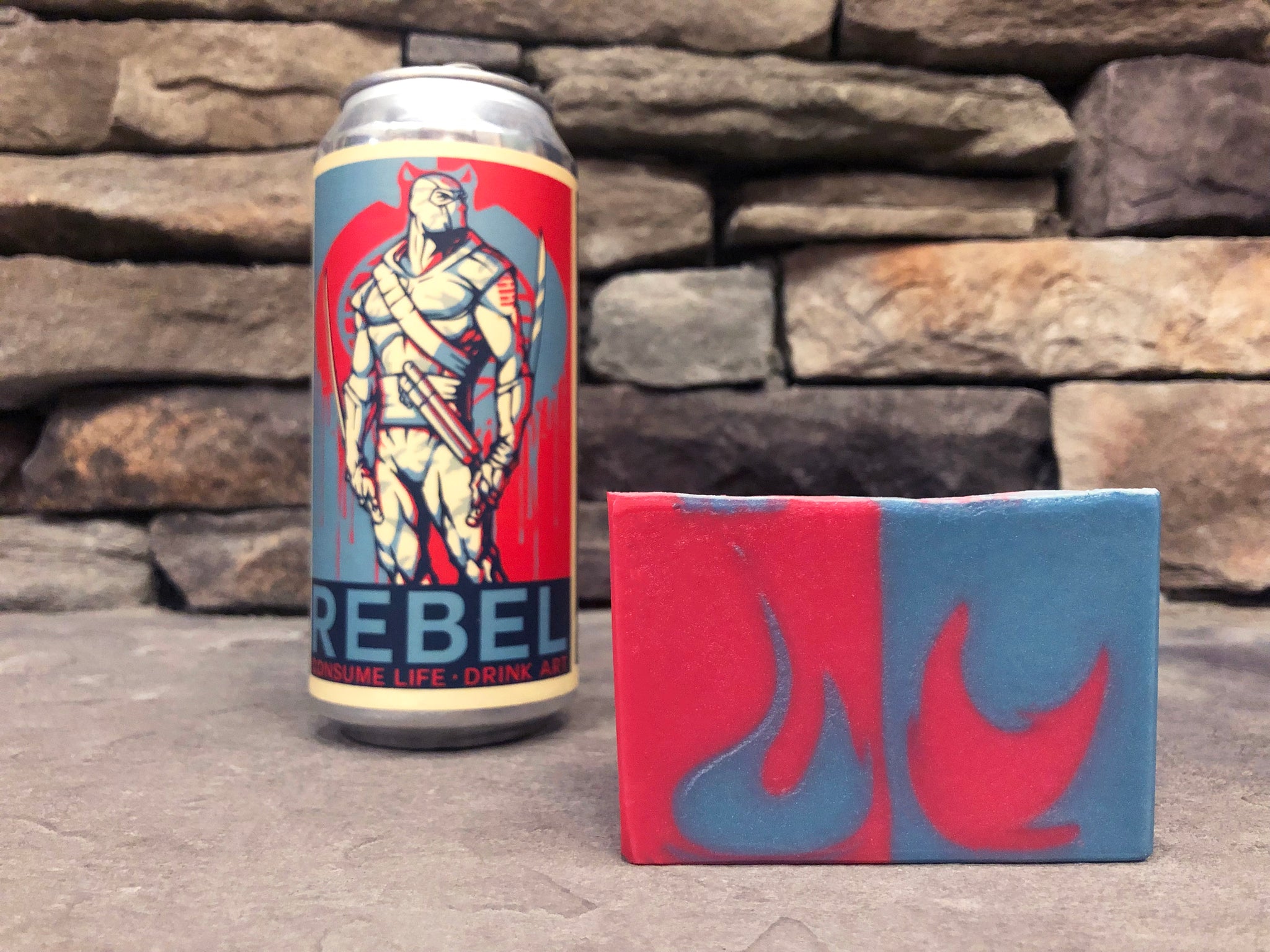 red and blue beer soap by SpunkNDisorderly Beer Soaps Virginia beer soap made with rebel ghost 860 hazy double dry hopped imperial India pale ale from Adroit Theory Brewing Company in Purcellville  Virginia brewery  blue and red beer divided and swirled cold process beer soap f