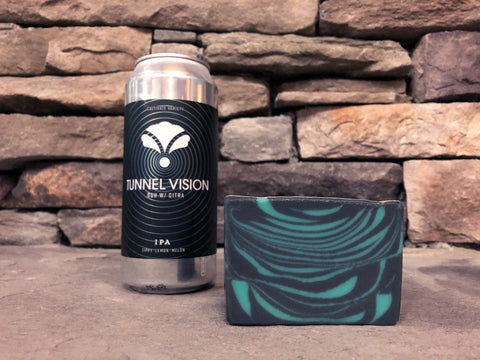 Tennessee beer soap handcrafted with tunnel vision ddh ipa Tennessee craft beer from bearded iris brewing craft brewery in Nashville Tennessee brewery black and teal striped beer soap for him with activated charcoal beer soap for sale by spunkndisorderly craft beer soaps