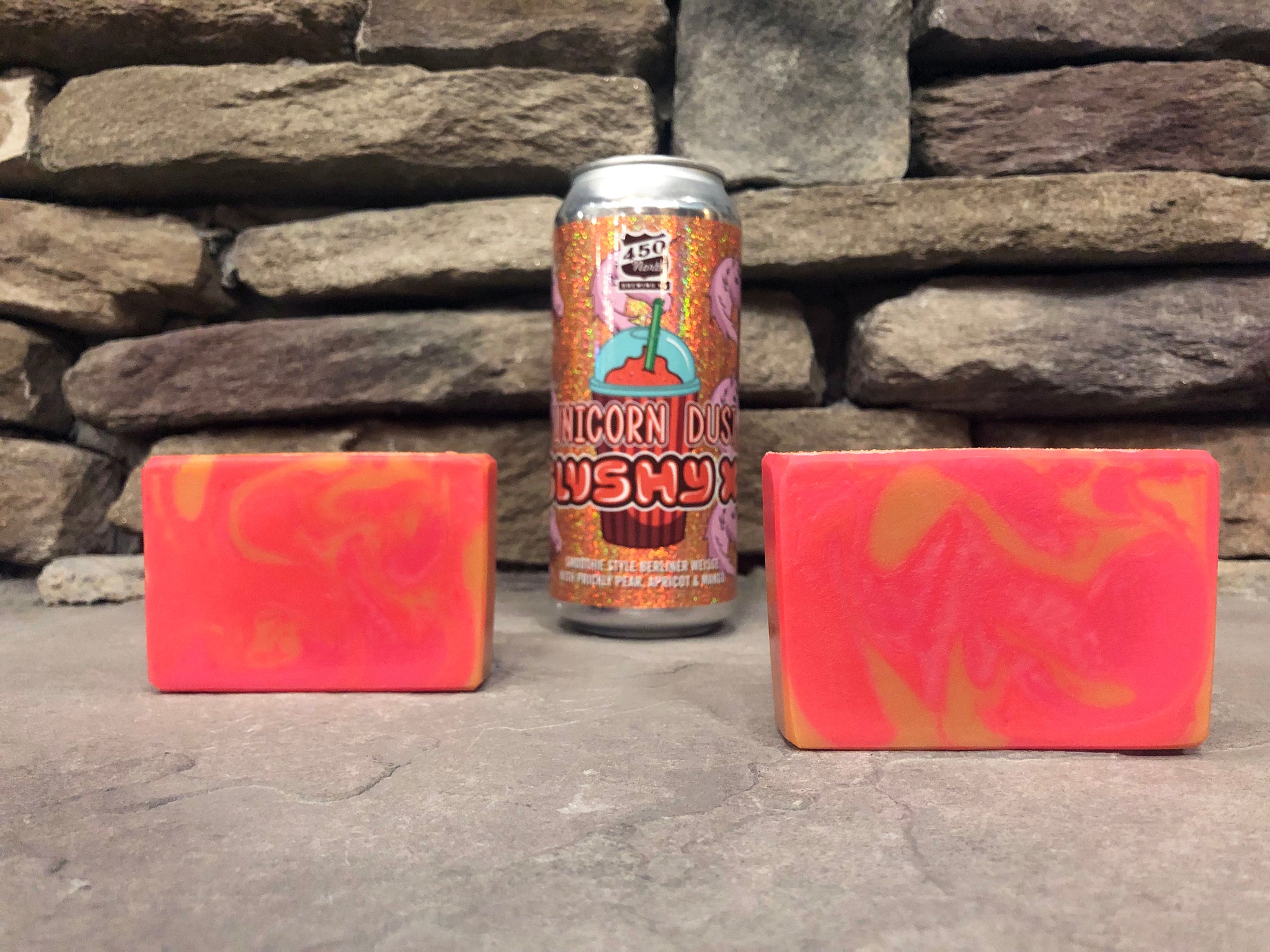 pink and orange beer soap by spunkndisorderly craft beer soaps made with indiana craft beer from 450 North Brewing company unicorn dust slushy xl craft beer soap for her by spunkndisorderly craft beer soaps for sale