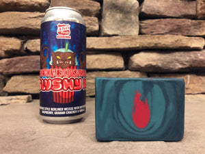 red and blue beer soap for him handcrafted in indiana with werewolves of slushland slushy xl beer from 450 North Brewing company Columbus indiana craft brewery 450 north beer soap for him with activated charcoal by spunkndisorderly craft beer soaps